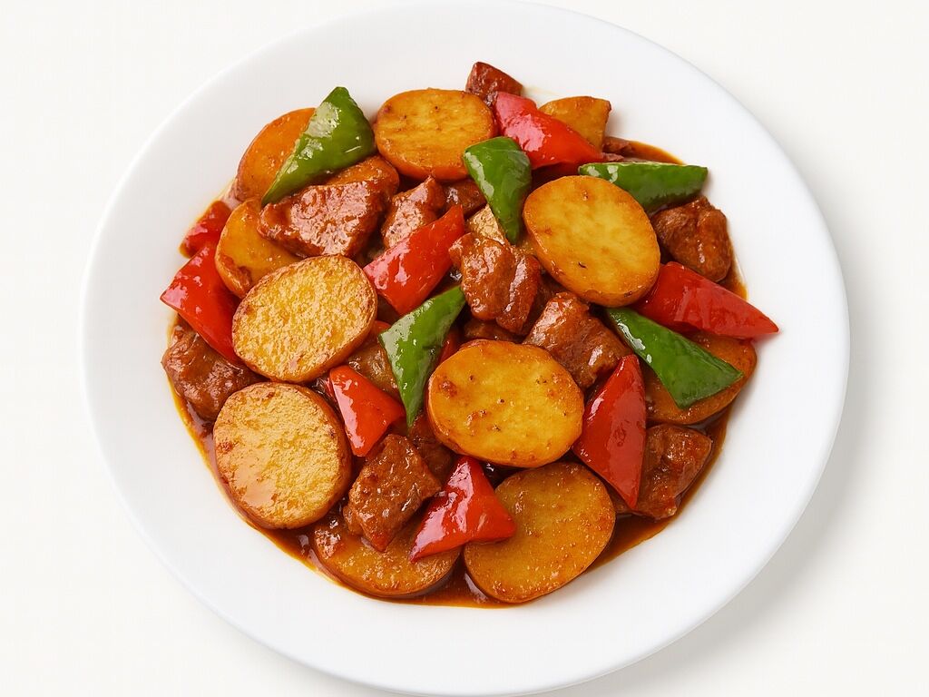 100. Картофель с мясом в соусе