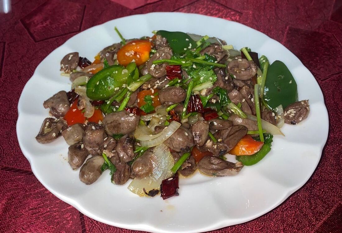 Жареные куриные сердечки с острым перцем №58